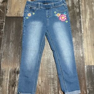 Girls Blue Denim Jeans with Pink Floral Embroidery